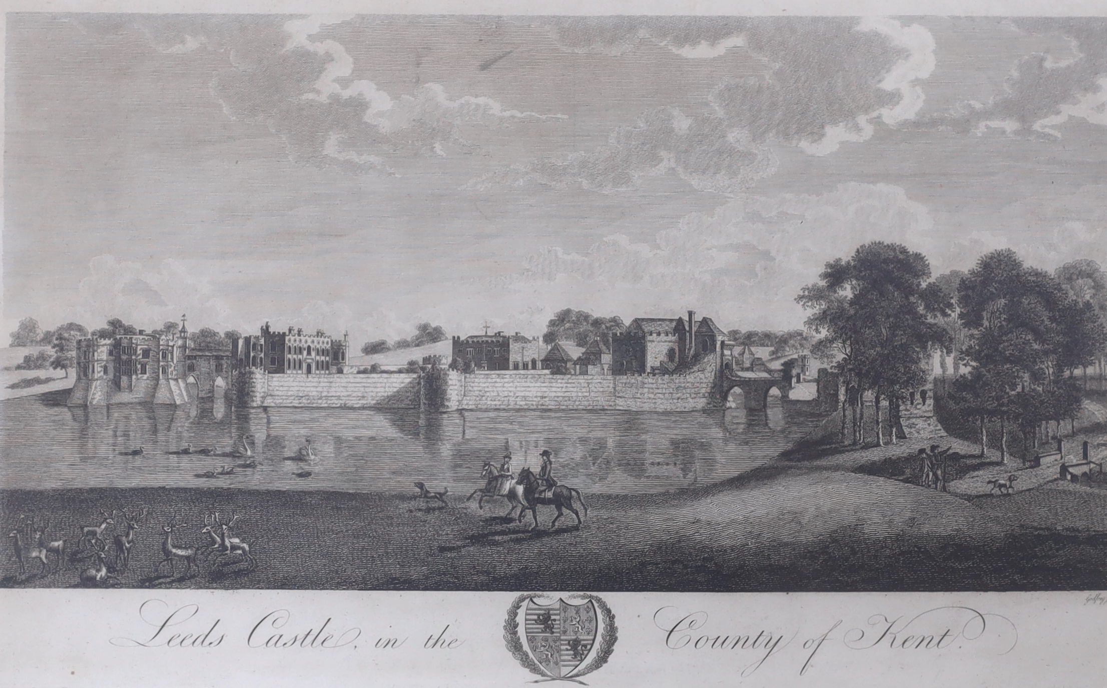 After Samuel (1696-1779) and Nathaniel Buck (fl.1724-1759) engraving, 'The North East View of Bodiam Castle, Sussex', publ. 25th March 1737, together with another engraving, 'Leeds Castle, Kent, largest 20 x 37cm (2)